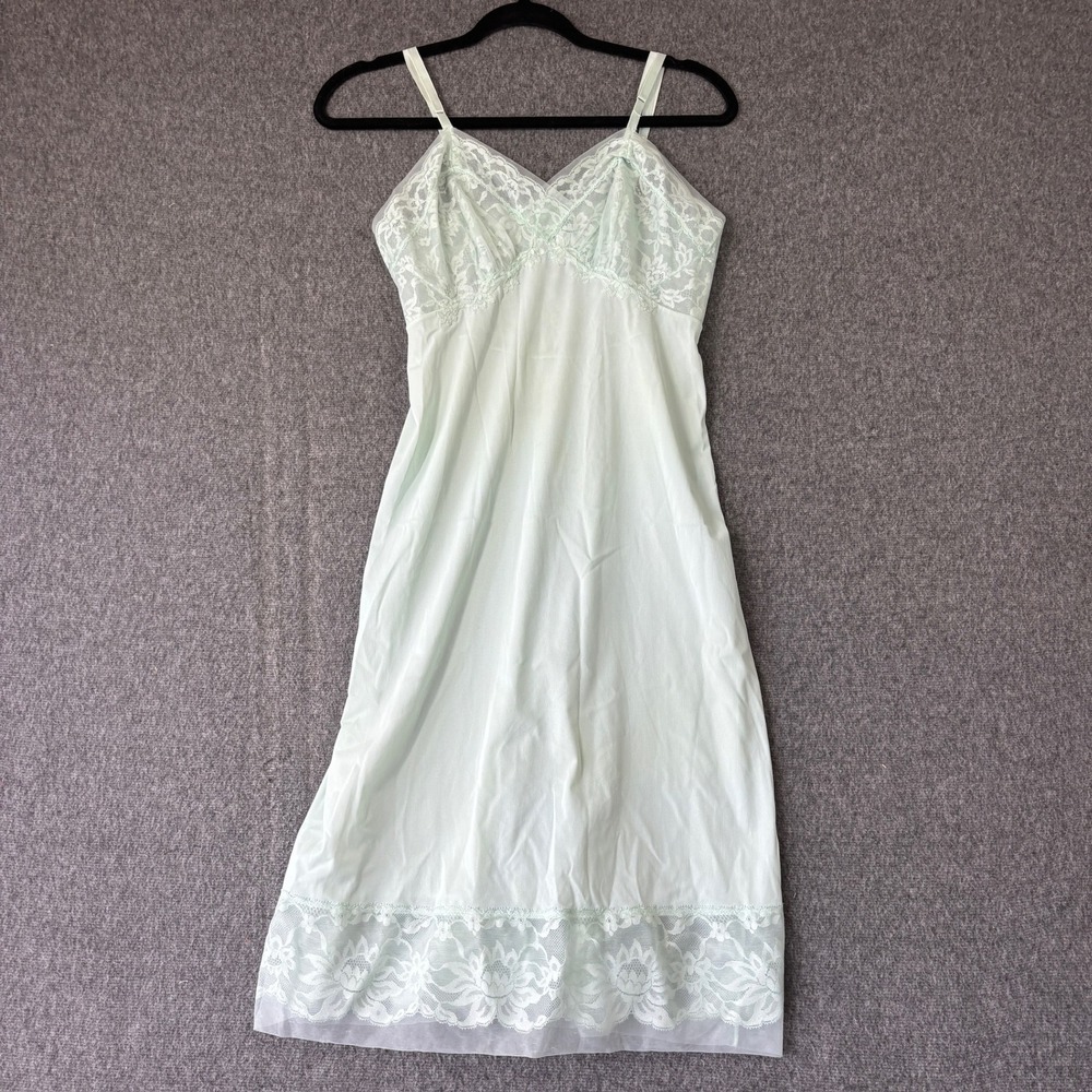 Vintage Mint Green Floral Lace Trim Slip Adjustable Straps Lingerie Nightgown